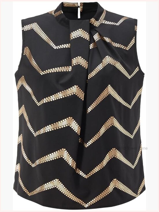 Tops - Elegant Pleated Mock Neck Sleeveless Party Top - Chevron Print